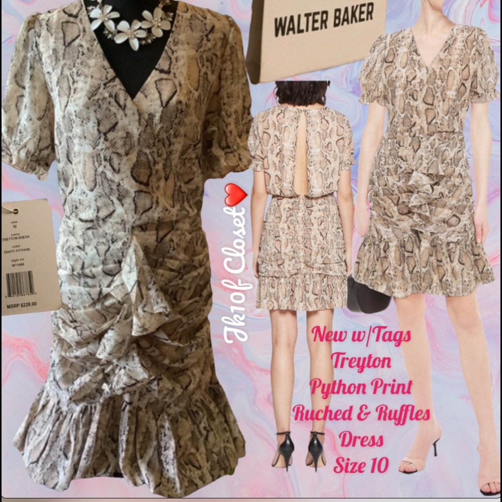 LOWEST🌺 NWT WALTER BAKER Sz10 SNAKE PYTHON RUCHED & RUFFLED HEM DRESS